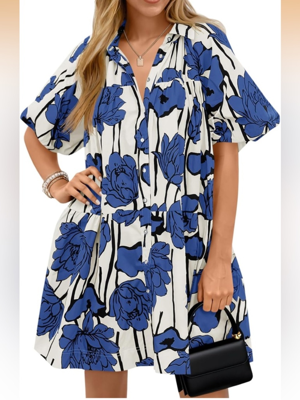 Blue Floral Button-Front Shirt Dress - Large